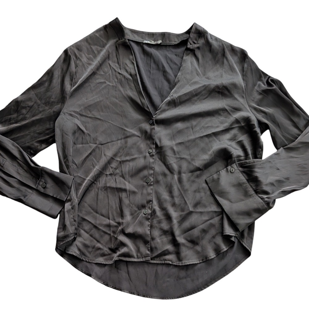 ZARA Black Satin V-Neck Button Down‎ Blouse Long Sleeve Size L Minimalist Career